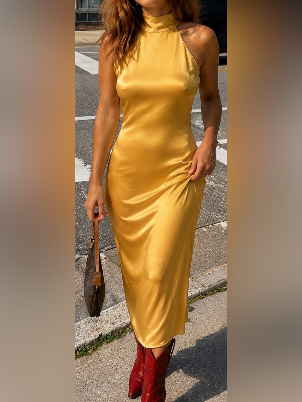 Silk Blend Halter Midi Dress Low Back in Golden Yellow